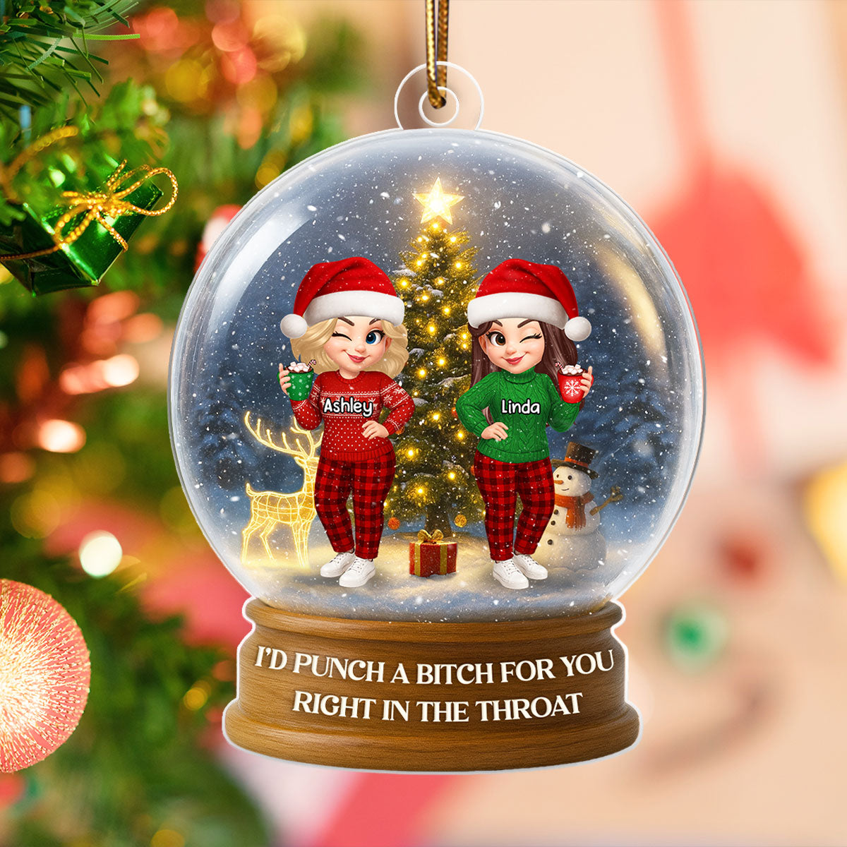 Christmas Besties Sisters In Crystal Snow Globe 3D Effect Personalized Acrylic Ornament