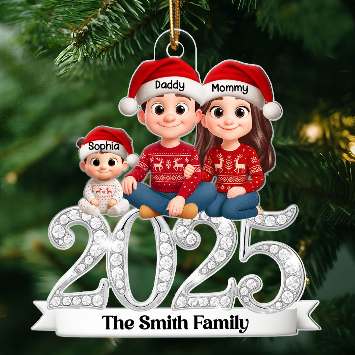 3D Shining Effect 2025 Family Sitting - Personalized Acrylic Ornament - Christmas Gift for Family