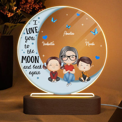 Doll Grandma Grandkids Watercolor Style Blue Moon Personalized Circle Acrylic Plaque LED Night Light