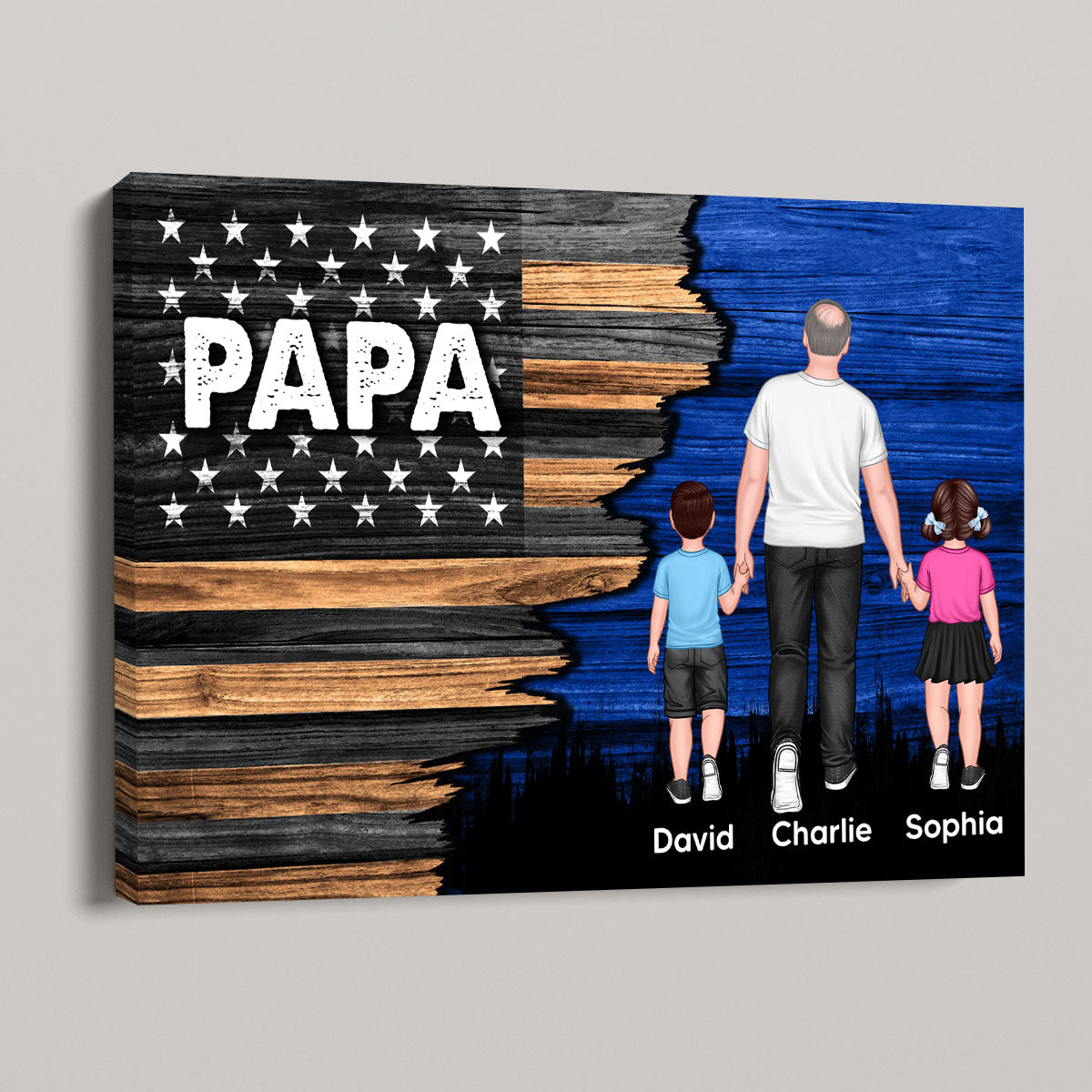 Dad Grandpa Papa Walking With Kids Half Nation Flag Personalized Horizontal Canvas, Father‘s Day Gift For Dad, For Grandpa, For Husband