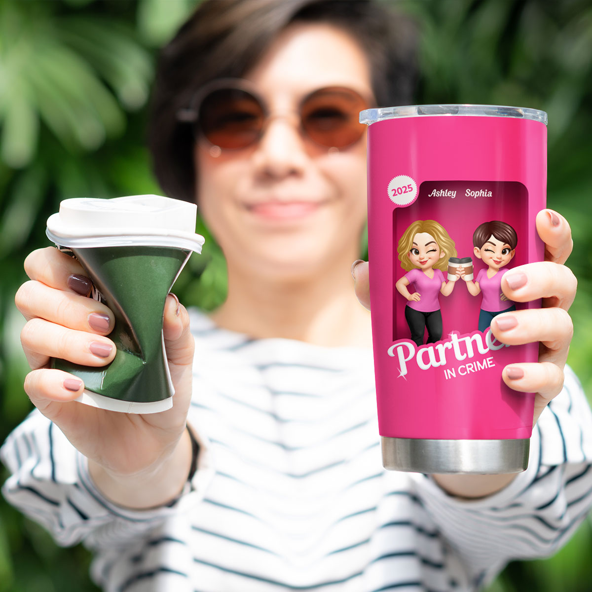 Besties Partner In Crime Pink 3D Effect Action Figure - Personalized Tumbler