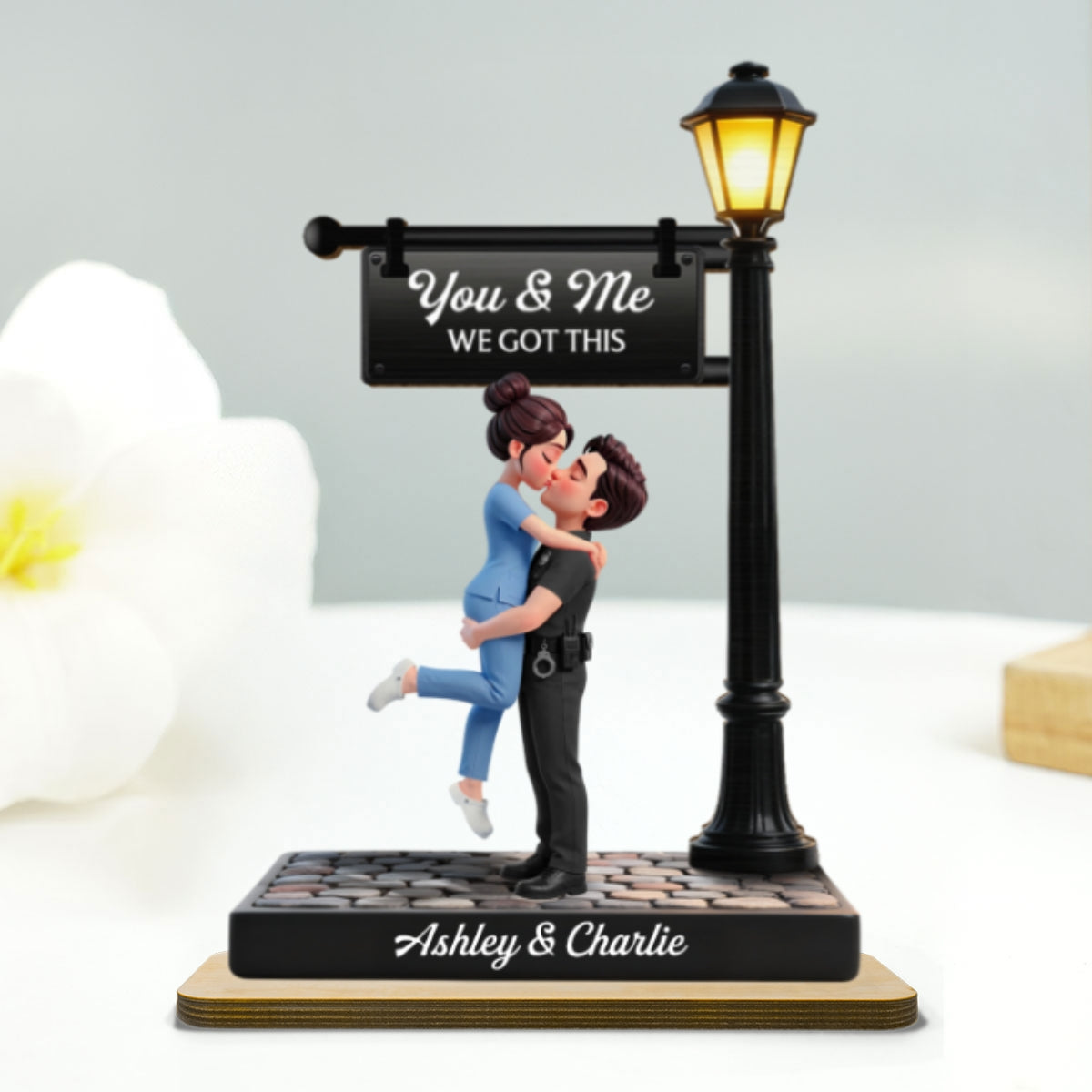 Proud Hero Couple Under Lamp Post - Personalized 2-Layered Wooden Plaque - Valentine's Day Gift For Couple, For Him, For Her, Nurse, Police, Firefighter, Army