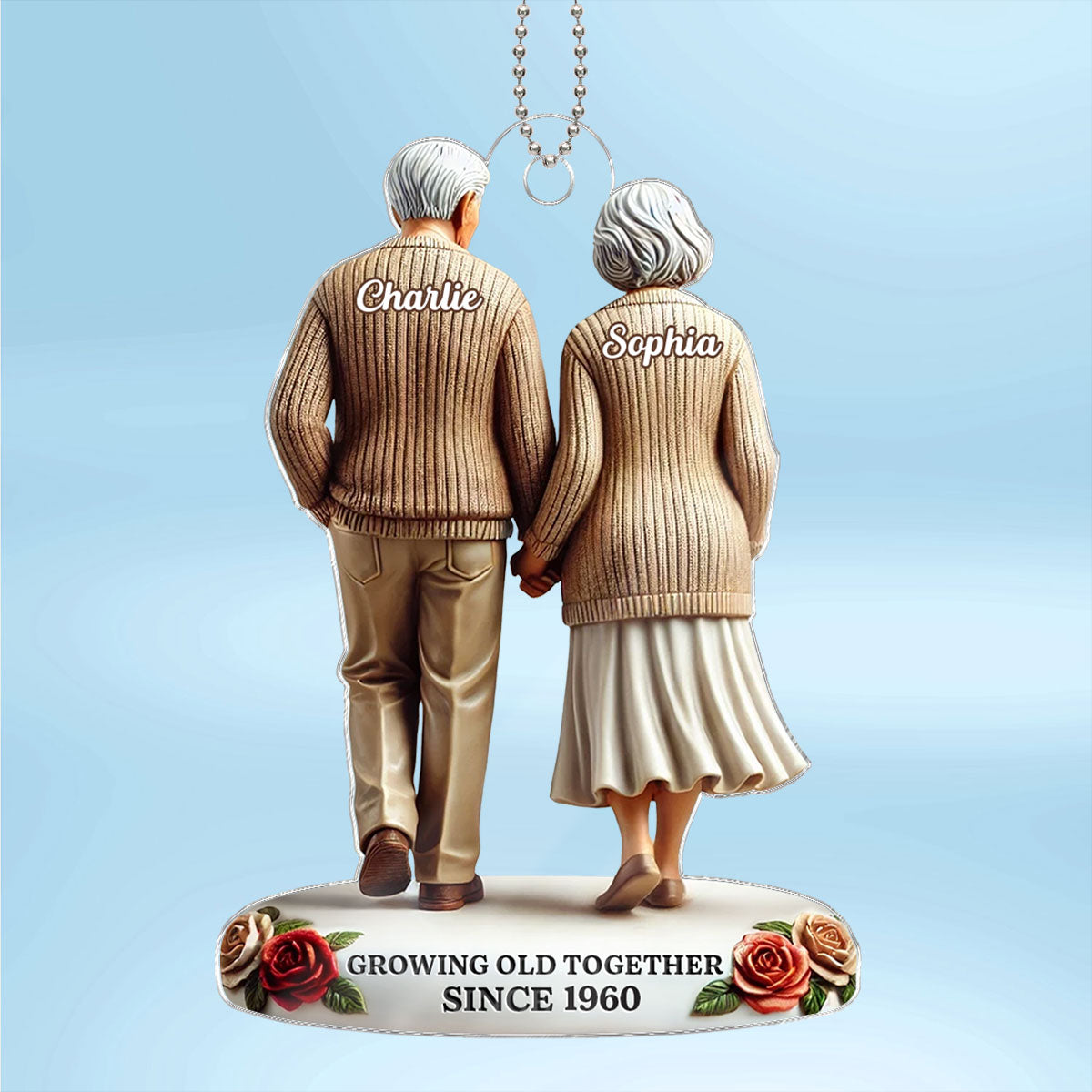 3D Effect Old Couple Holding Hands Walking Together Personalized Car Hanger Ornament, Heartfelt Gift For Couple, For Him, For Her, Husband, Wife