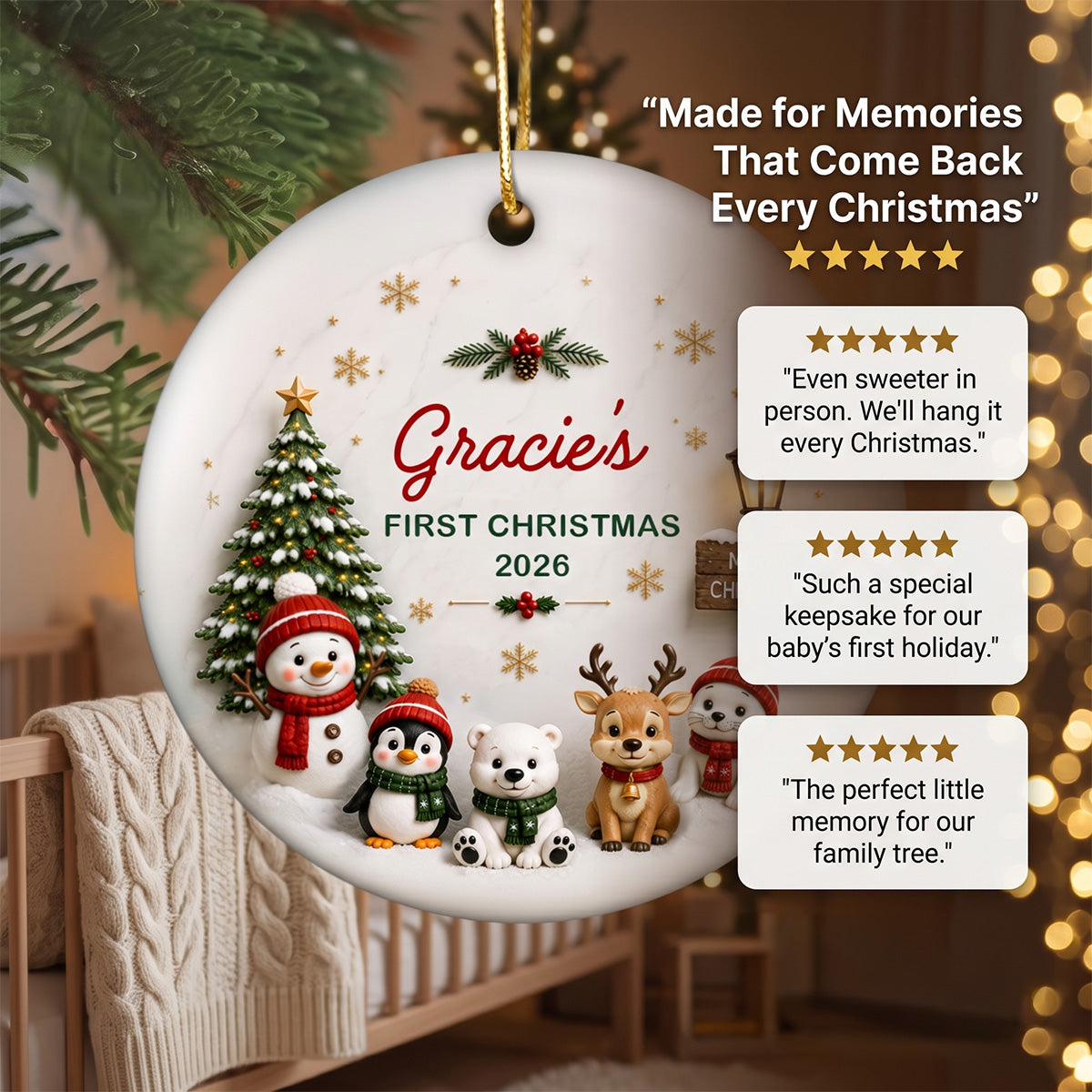 Cute Winter Friends Baby’s First Christmas - Personalized Ceramic 2026 Ornament – Christmas Keepsake