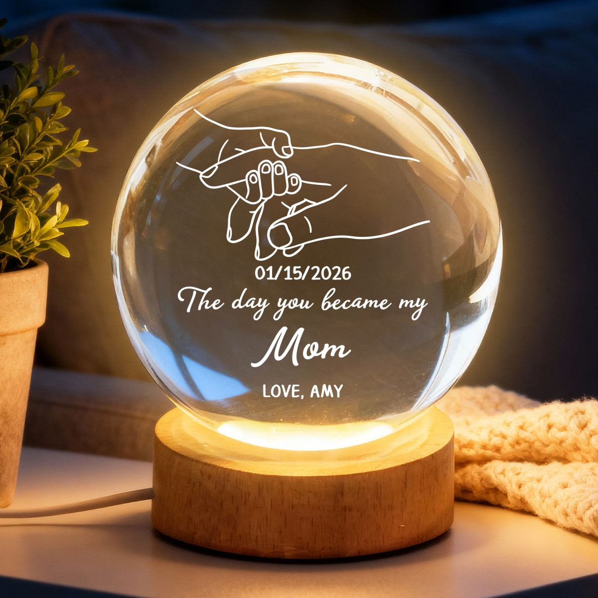 The Day You Became My Mom Mummy Holding Hand First Mother's Day - Personalized Crystal Ball LED Night Light - First Mother's Day Gift For New Mum, New Mom