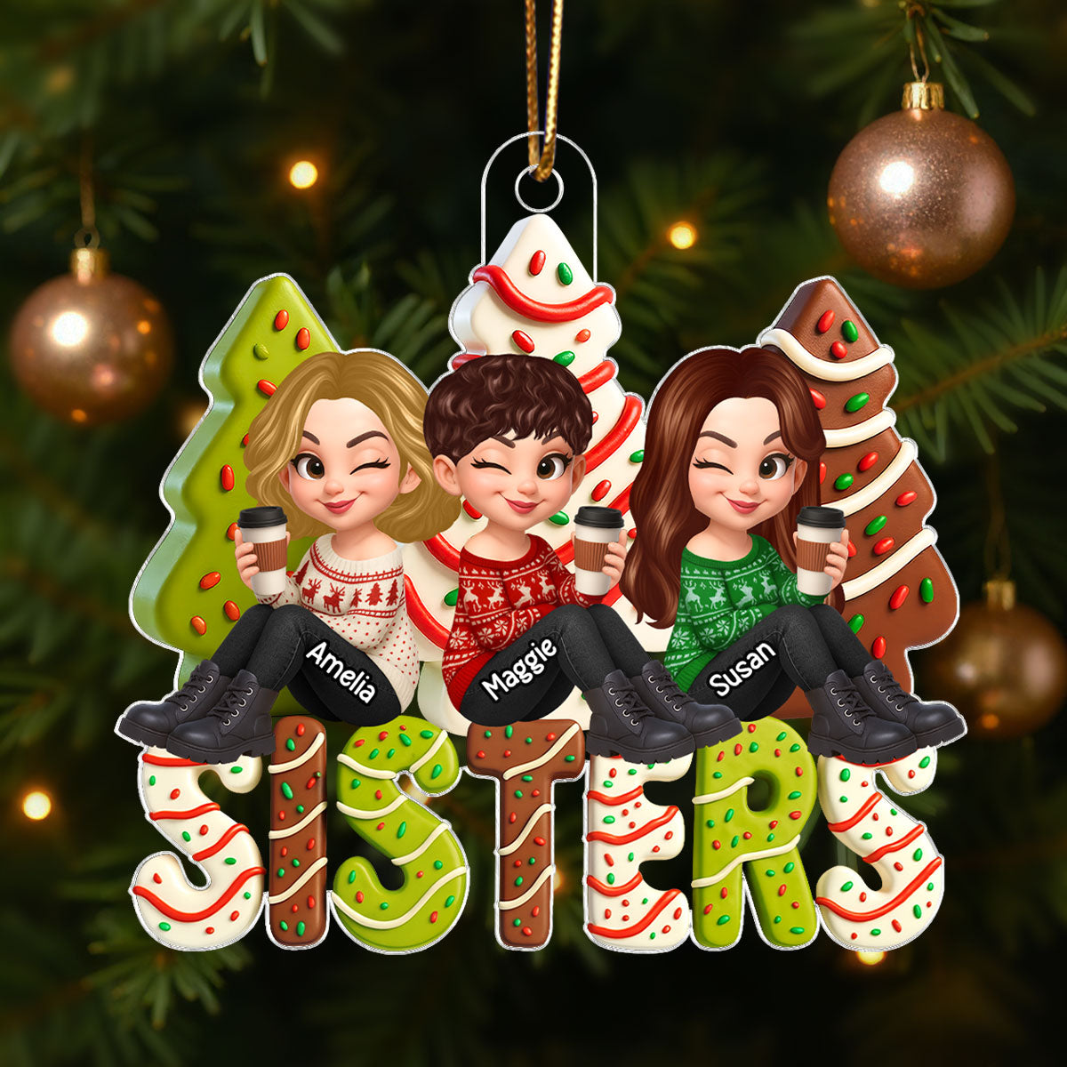 3D Effect Christmas Tree Cake Besties Sisters Personalized Acrylic Ornament, Christmas gift for Besties Sisters