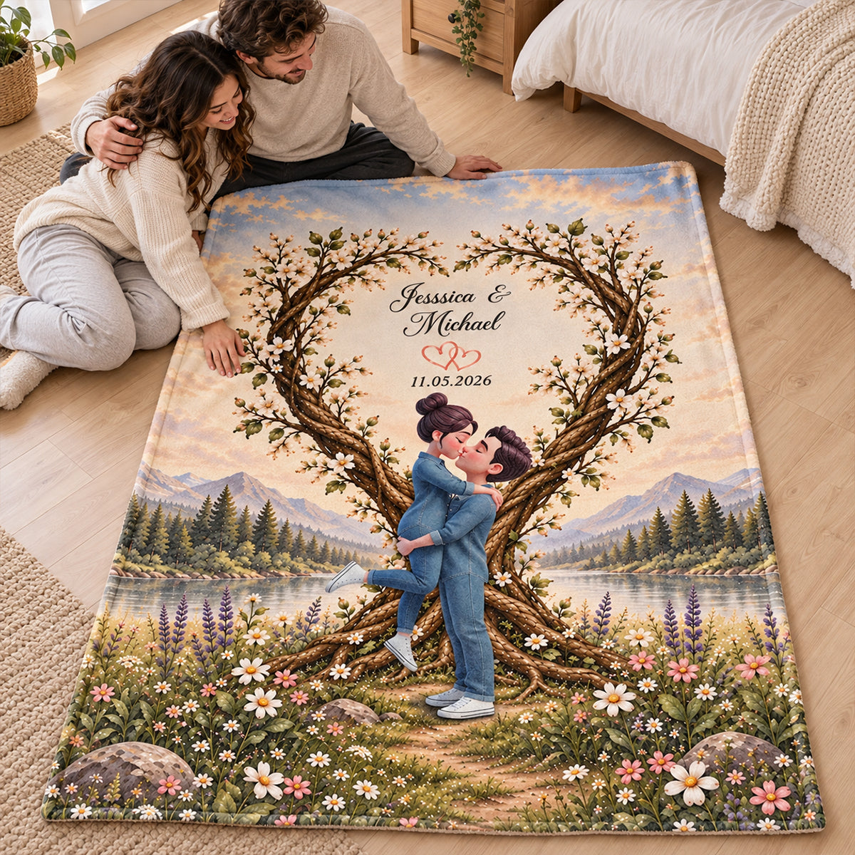Couple Kissing Under Heart Tree - Personalized Fleece Blanket - Heartfelt Anniversary Christmas Gift for Her, for Him