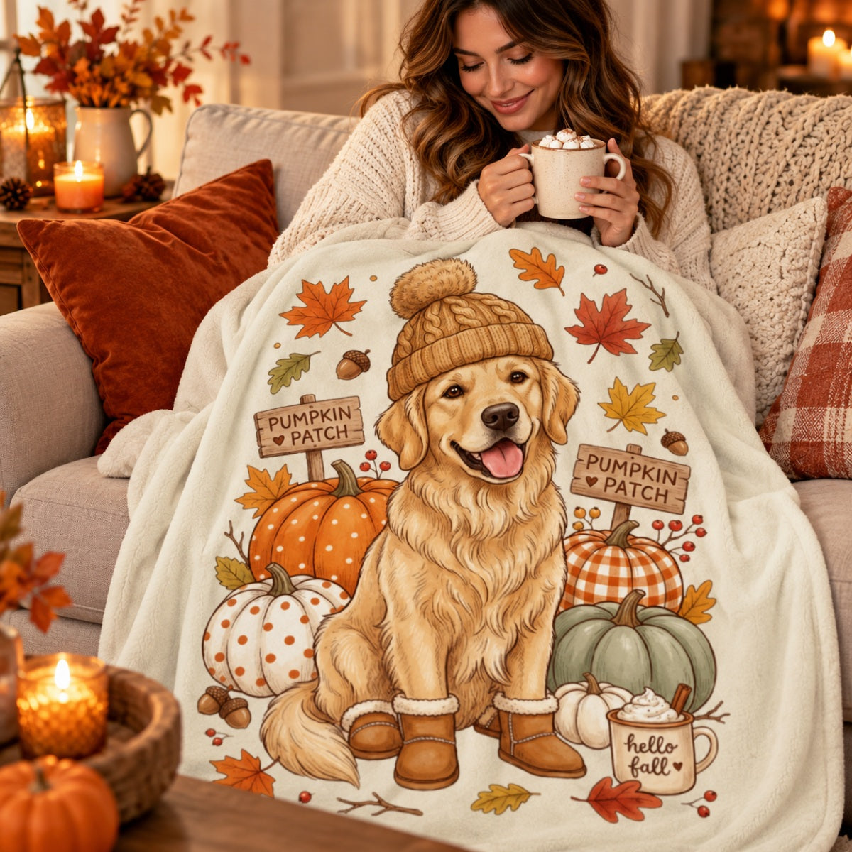Custom Dog Photo Pumpkin Patch - Personalized Fleece Blanket - Fall Gift for Dog Moms, Cat Moms, Pet Lovers