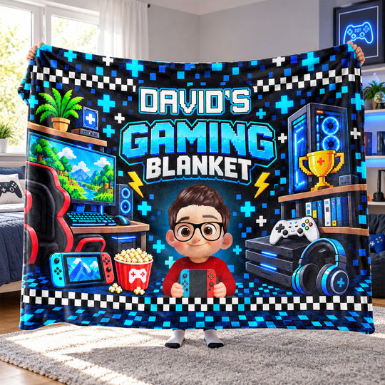Custom Gamer Name - Personalized Fleece Blanket - Video Game Lover Gift For Son Grandson Teen Boy, Birthday Holiday Gift