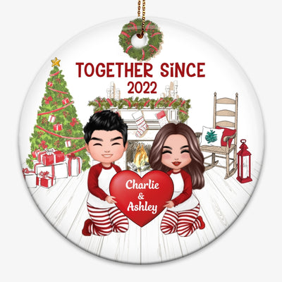 Pajamas Doll Couple Holding Heart Christmas Personalized Circle Ornament