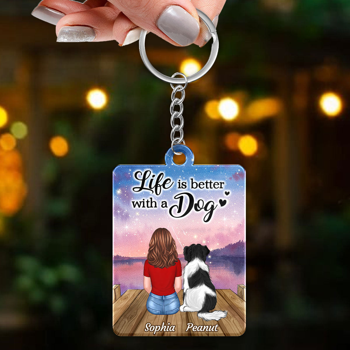 Life Is Better With Dogs Woman & Dogs Sitting On Bridge Personalized Acrylic Keychain