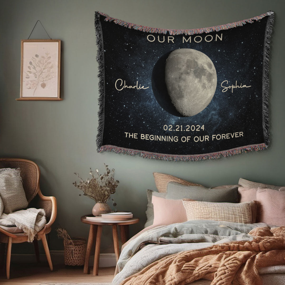 Our Moon Couple Gift Moon Phase Art Wedding Anniversary Gift For Him Gift For Her Personalized Tapestry Woven Blanket