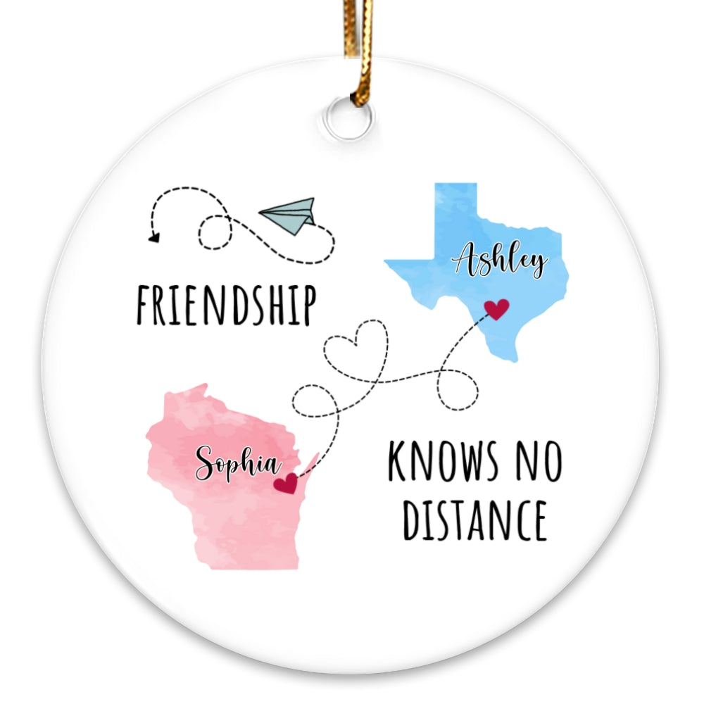 Friendship Sisters Family Love Knows No Distance Personalized Circle Ceramic Ornament, Long Distance State To State Togetherness Gift