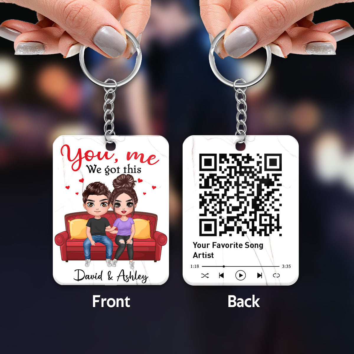 Doll Couple Sitting On Sofa Favorite Song Scannable QR Code Personalized Acrylic Keychain