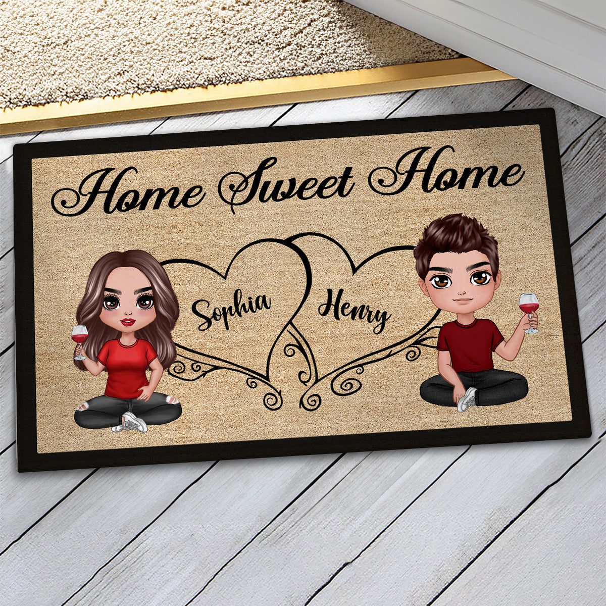 Doll Couple Sitting Home Sweet Home Housewarming Gift Home Decor Personalized Doormat