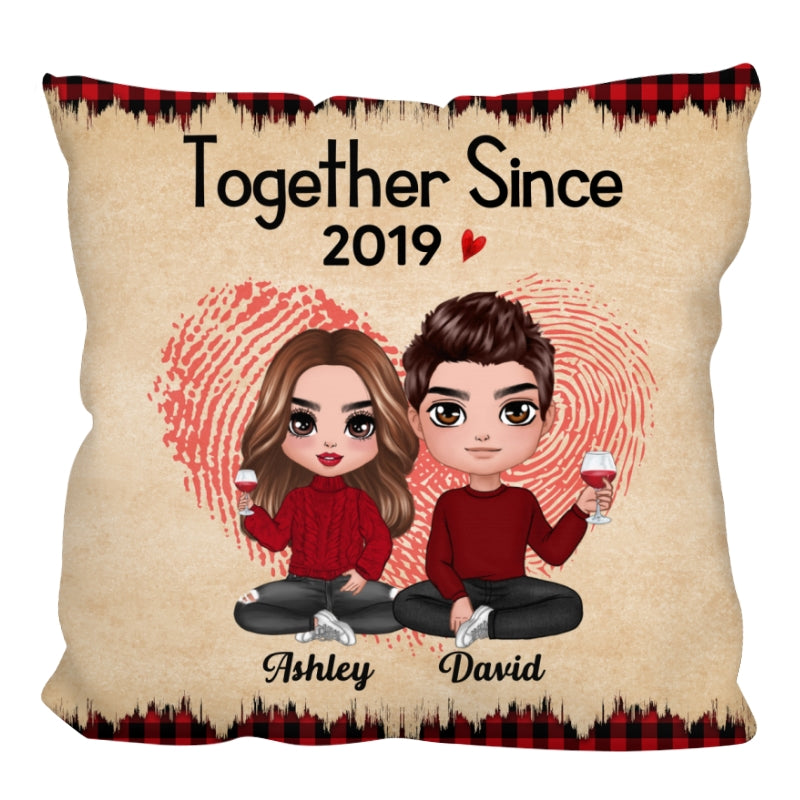 Checkered Pattern Doll Couple Sitting  Anniversary Gift For Him For Her Personalized Pillow