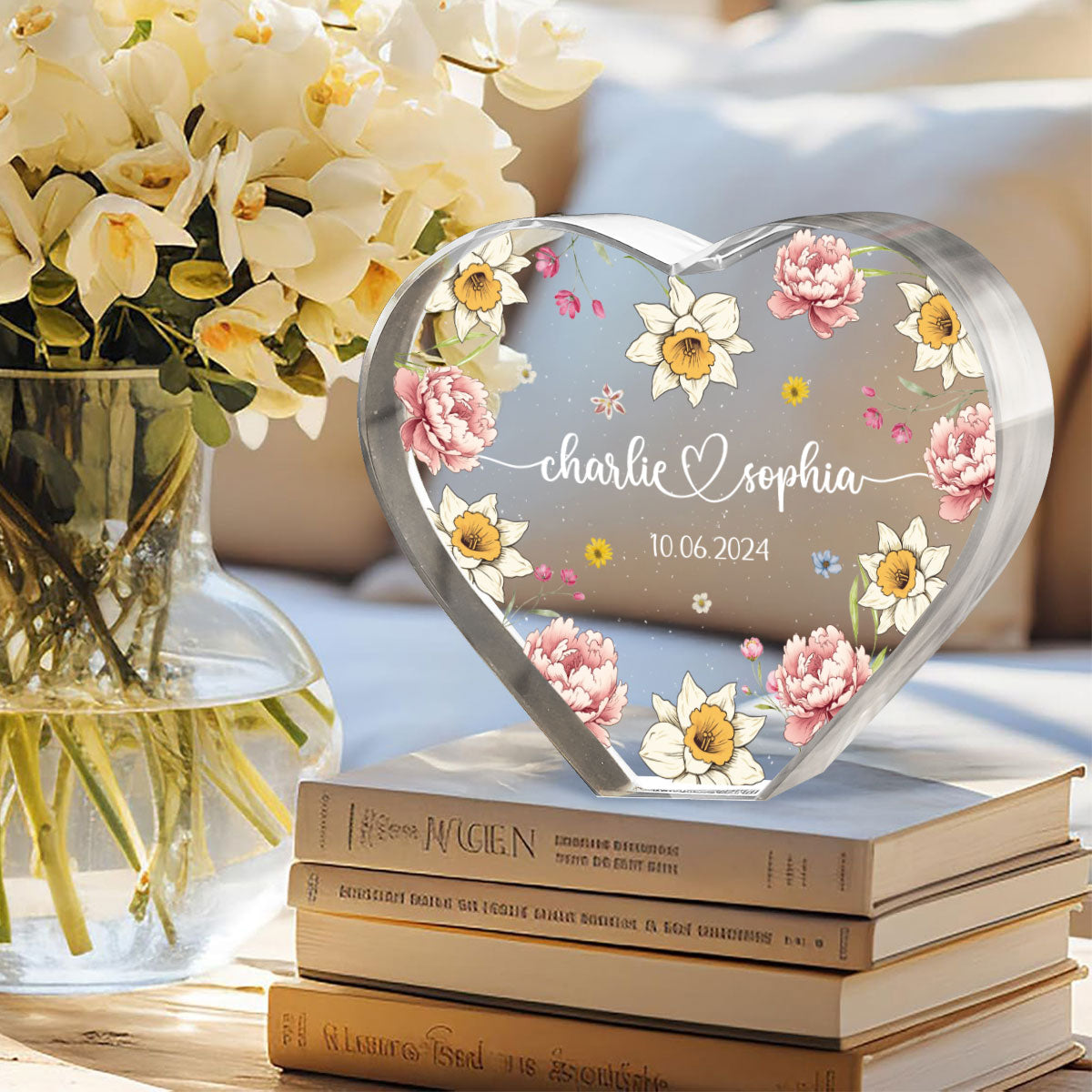 Couple Name Birth Month Flower Premium Crystal Heart LED, Unique Personalized Gift For Couple, For Him, For Her, Perfect Last-minute Valentine's Gift, Free Delivery