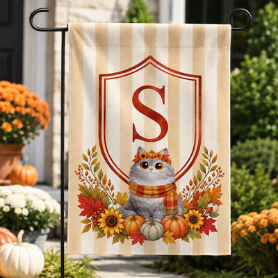 Fall Season Monogram Initial Family Cat Lovers - Personalized Garden Flag, Hydrangea Shield