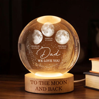 Love to the Moon and Back - Personalized Crystal Ball LED Night Light - Custom Moon Phase by Date, Father's Day Gift for Dad, Husband