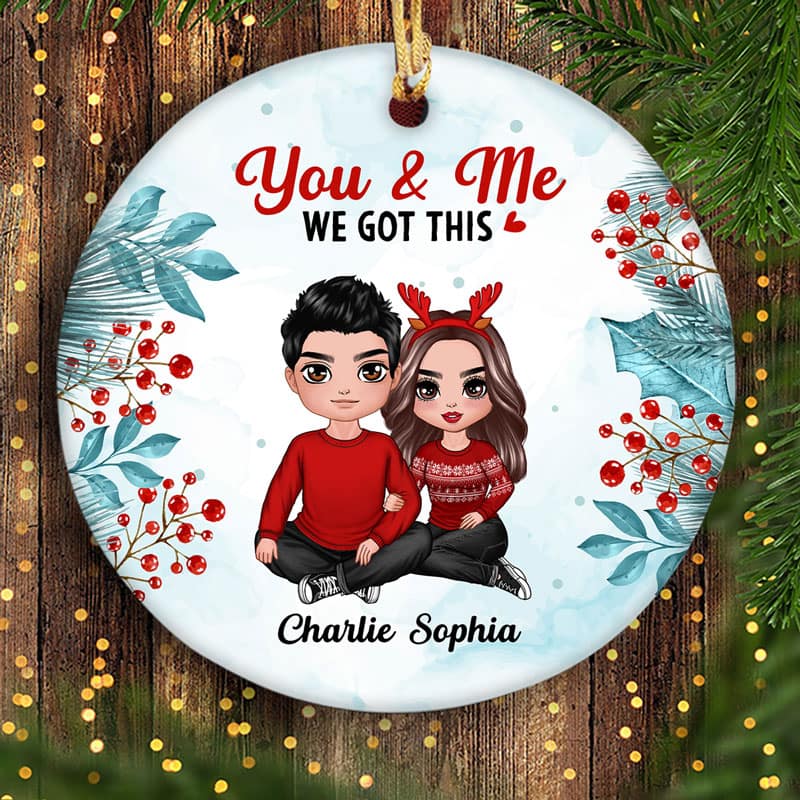 Watercolor Holly Branch Embracing Couple Personalized Circle Ornament