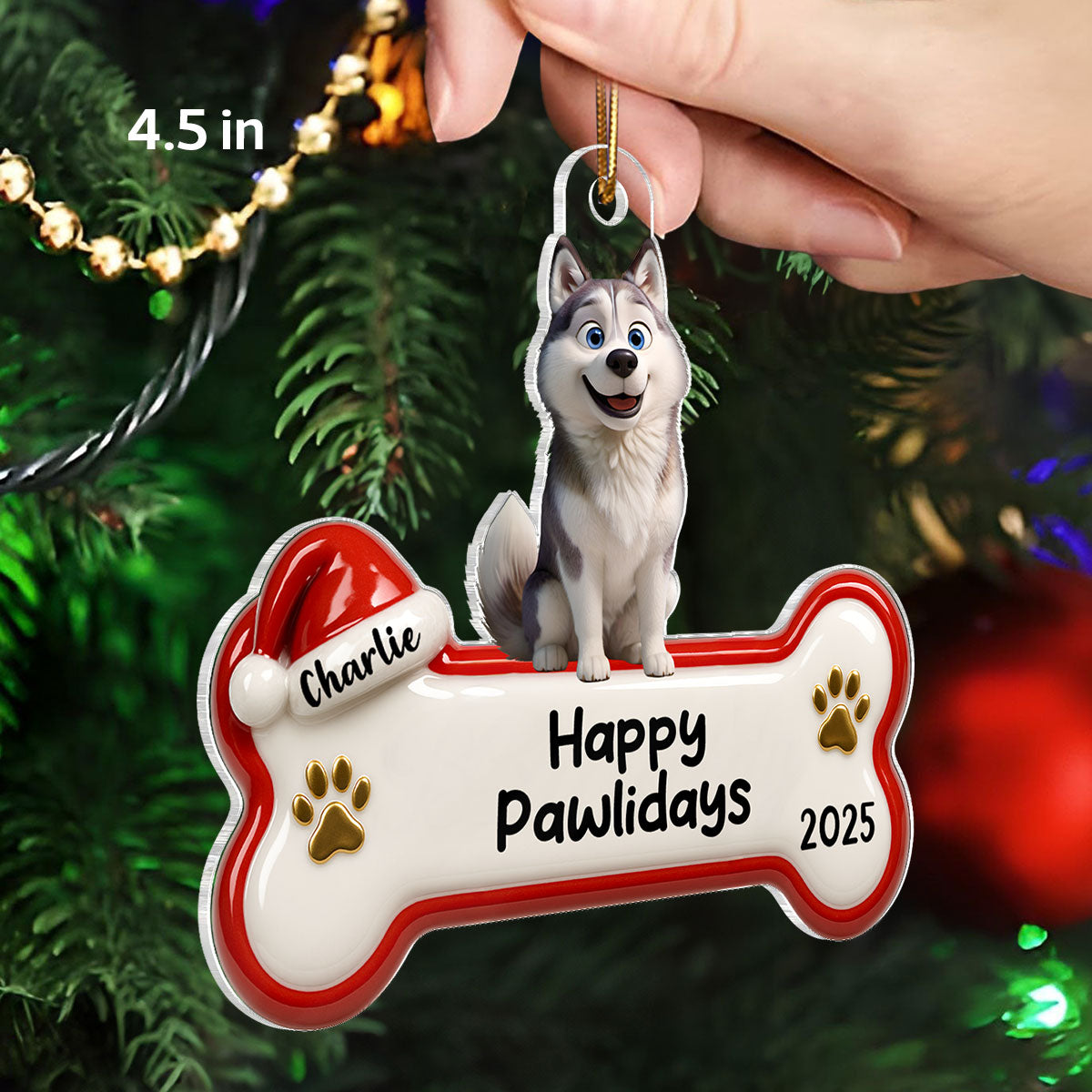 Happy Pawlidays Cartoon Dog 3D Effect - Personalized Acrylic Ornament - Christmas Decor For Dog Lovers