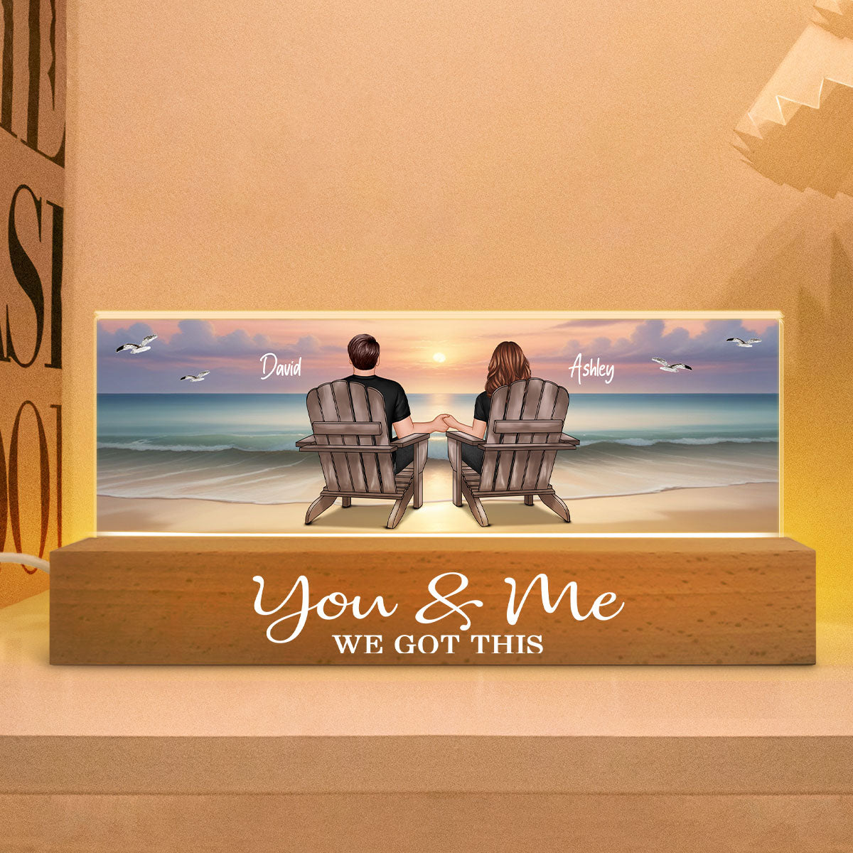 Eternal Sunset Beach Couple Personalized Acrylic LED Night Light, Heartfelt Anniversary Gift For Girlfriend, For Wife