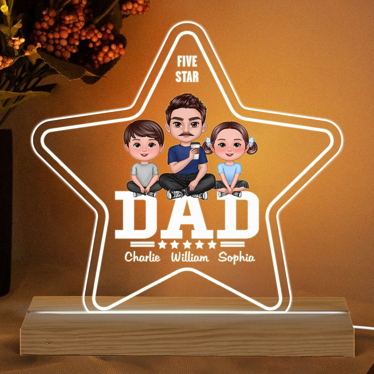 Five - Star Doll Dad And Kids Sitting Personalized Warm Custom Shape LED Night Light