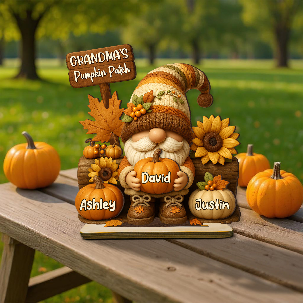 Gnome Grandma's Pumpkin Patch Personalized Standing Wooden Plaque, Fall Decor for Grandma