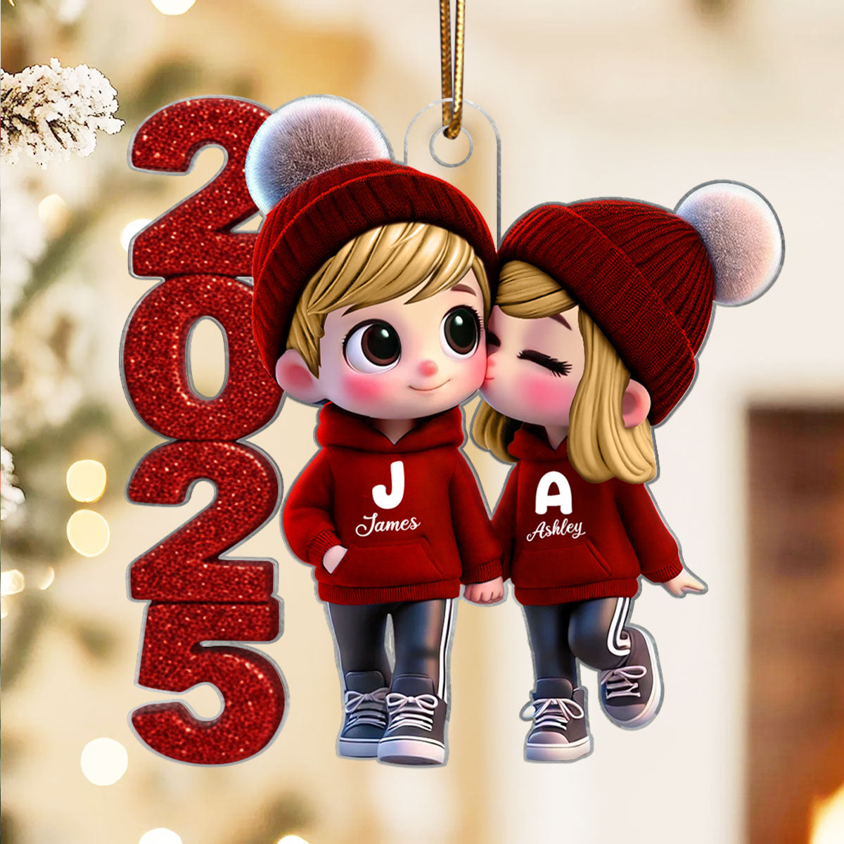 3D Glitter Effect 2025 Cute Cartoon Couple Walking - Personalized Acrylic Ornament - Gift for Him, Gift for Her