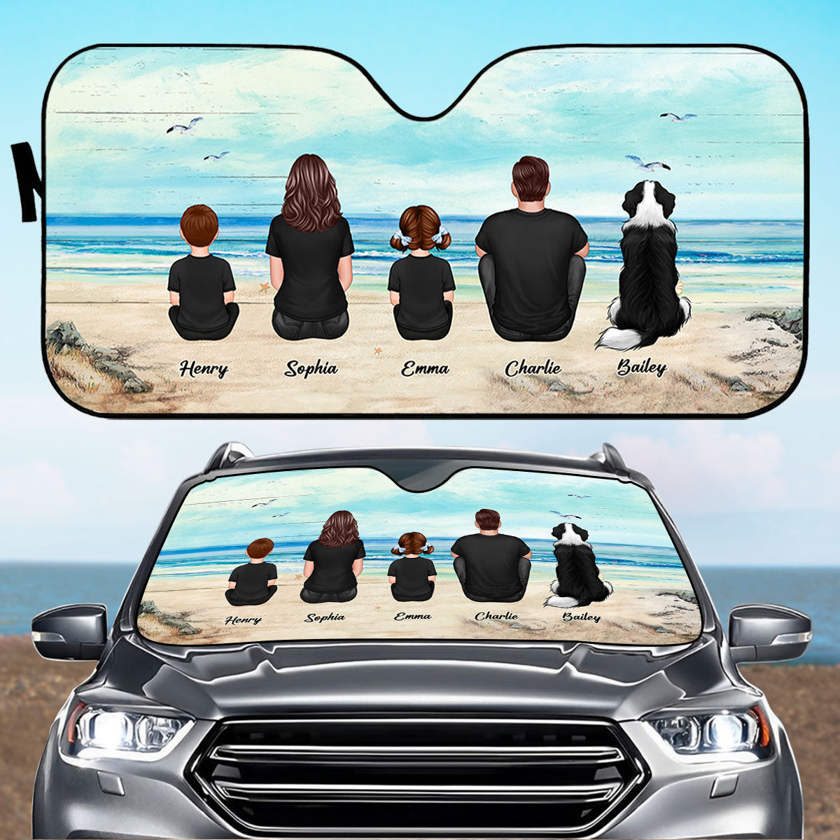 Family Sitting Retro Vintage Beach Landscape Personalized Car Sun Shade