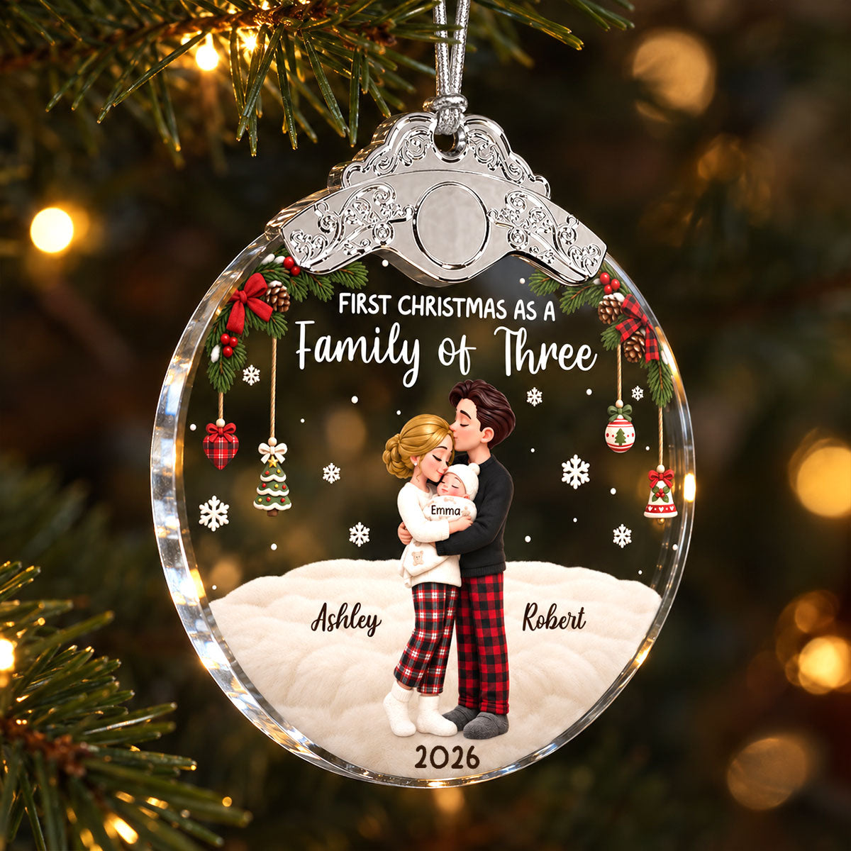 Our First Christmas As Family Of Three - Personalized Glass Ornament With Silver Cap - Christmas Tree Keepsake For New Parents