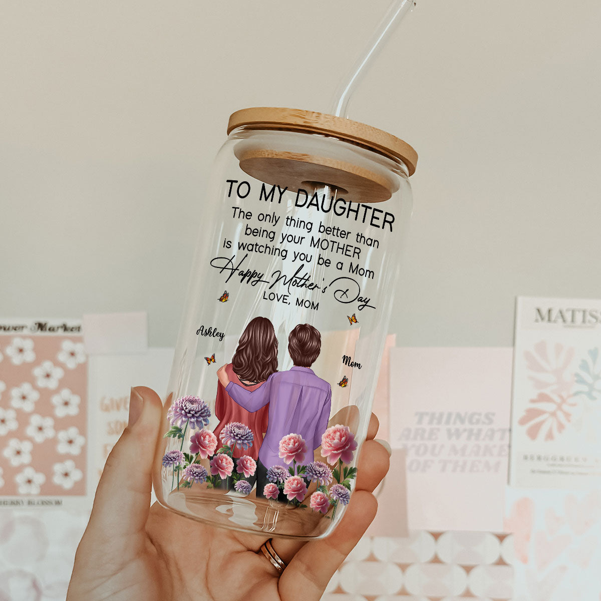 To My Daughter From Mom Happy Mother's Day Birth Flower Personalized Glass Can, Gift For Daughter