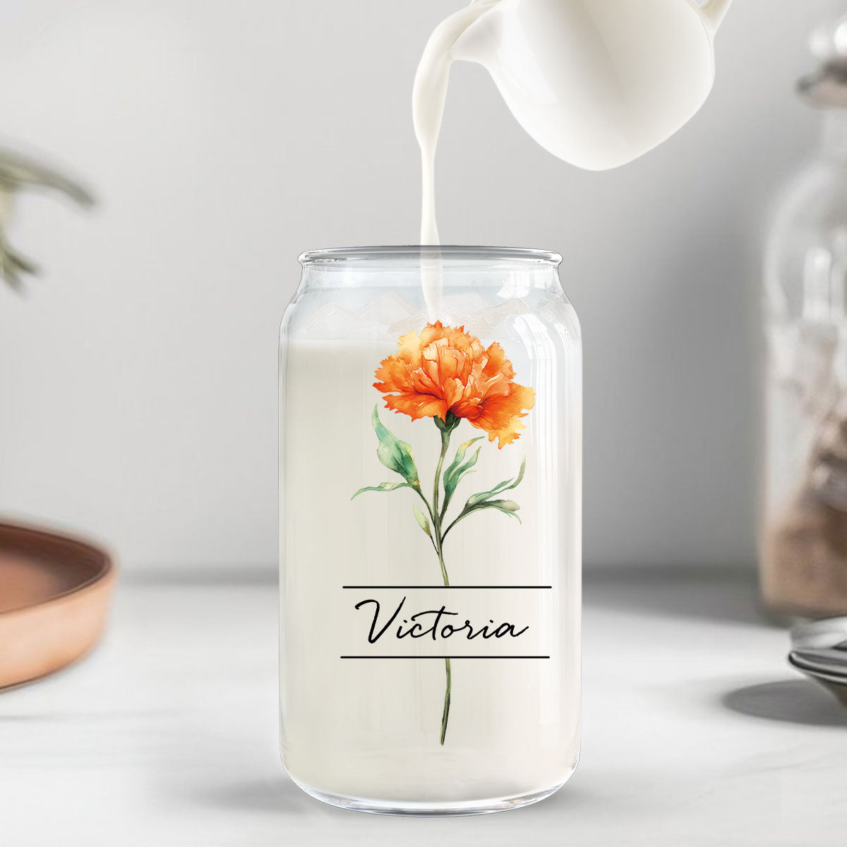 Beautiful Birth Flower With Name Birthday Gift For Friends Mom Grandma Mother‘s Day Gift Personalized Clear Glass Can