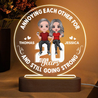Annoying Each Other Doll Couple Sitting On Number Personalized Circle Acrylic Plaque With LED Night Light - Anniversary Gift For Her - Gift For Him