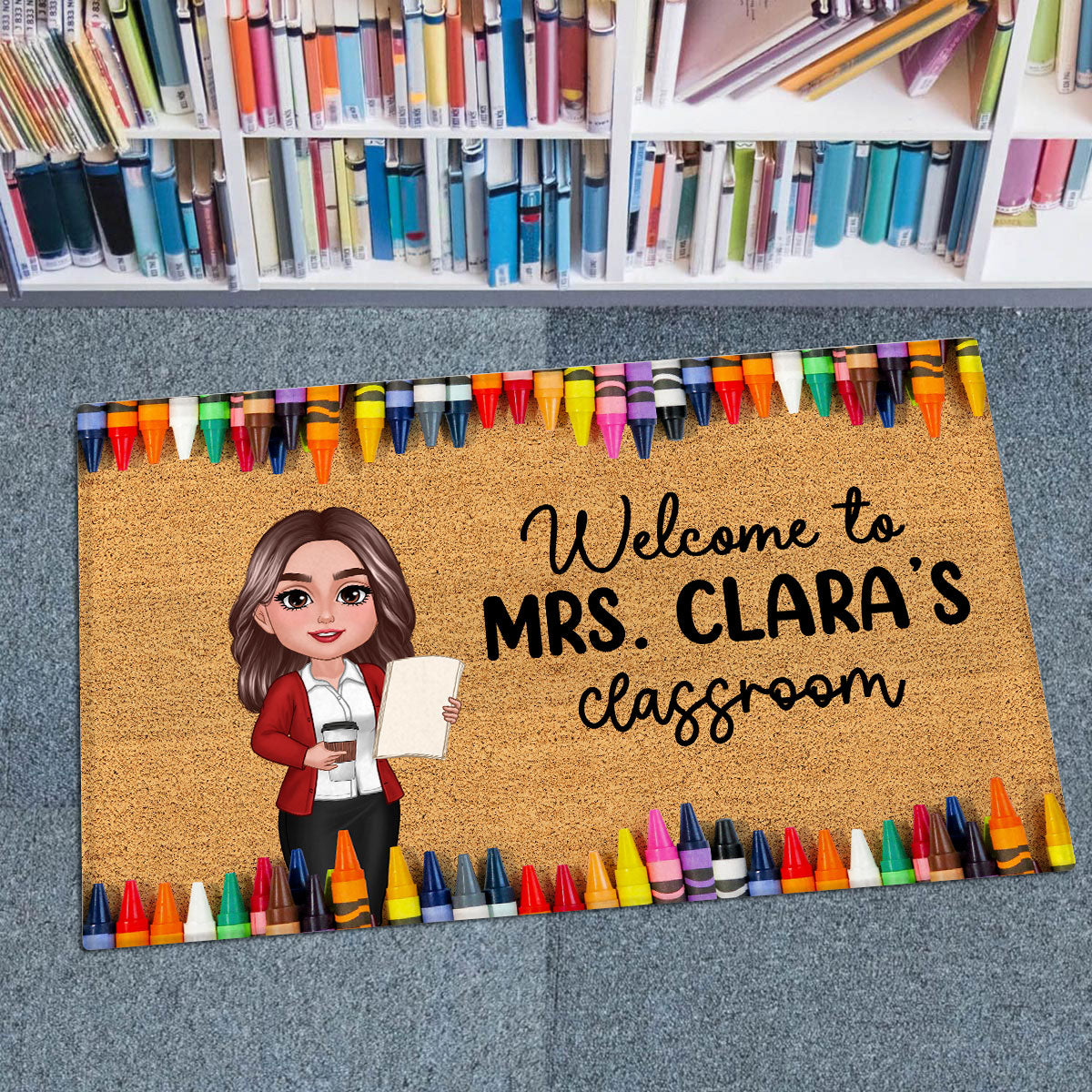 Teacher Classroom Crayon Border - Personalized Doormat - Back To School Gift, Classroom Decoration