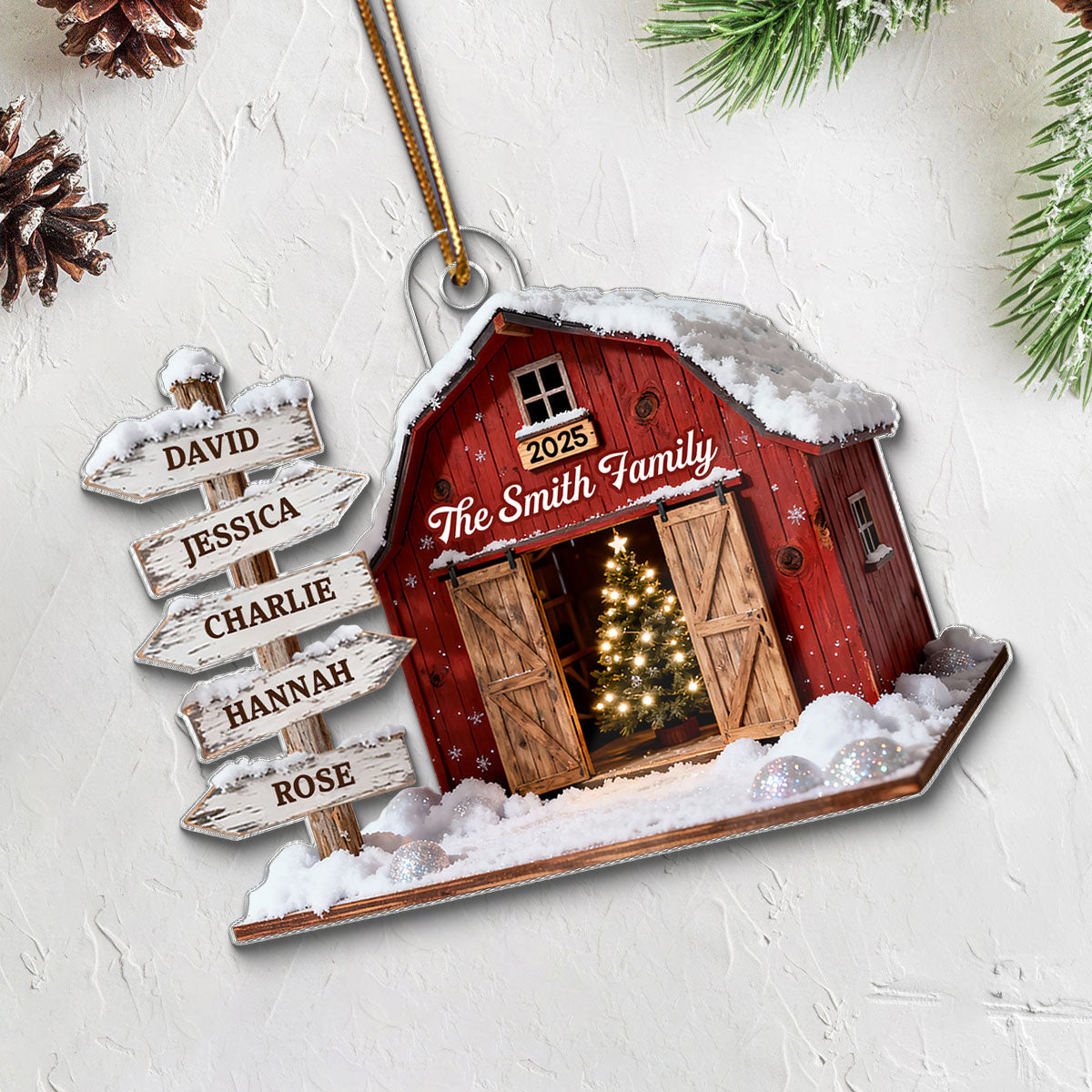 3D Effect Christmas Flat Nostalgia Barn House Family Sign Posts - Personalized Acrylic Ornament - Gift For Family, Farmhouse Decor