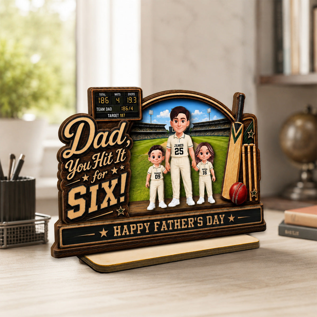 Hit A Six With The Best Dad Cricket Dad & Kids On Court - Personalised 2-Layered Wooden Plaque - Father's Day Gift For Husband, Dad
