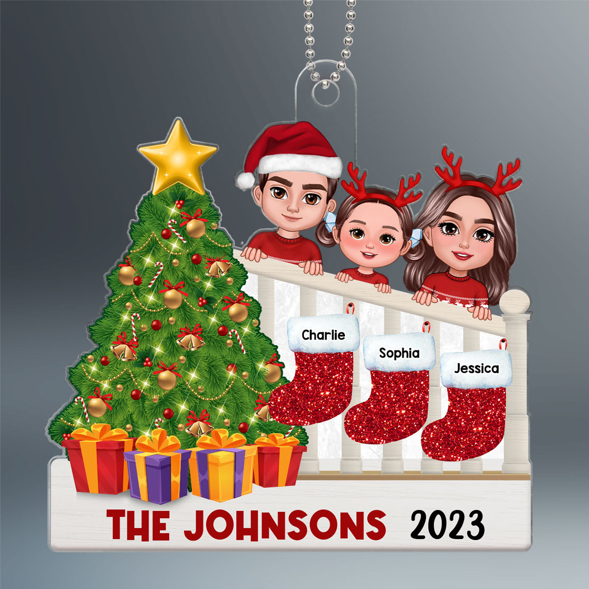 Family Peeking On Stairs Names On Stockings Personalized Acrylic Ornament