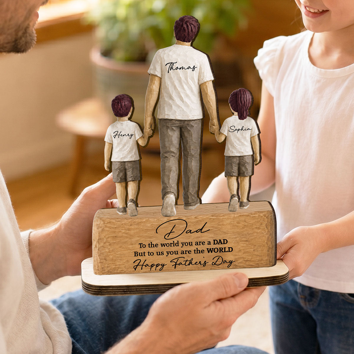 Sentimental Rustic Dad And Kids Walking - Personalized 2-Layered Wooden Plaque - Heartfelt Father's Day Gift For Dad, Husband