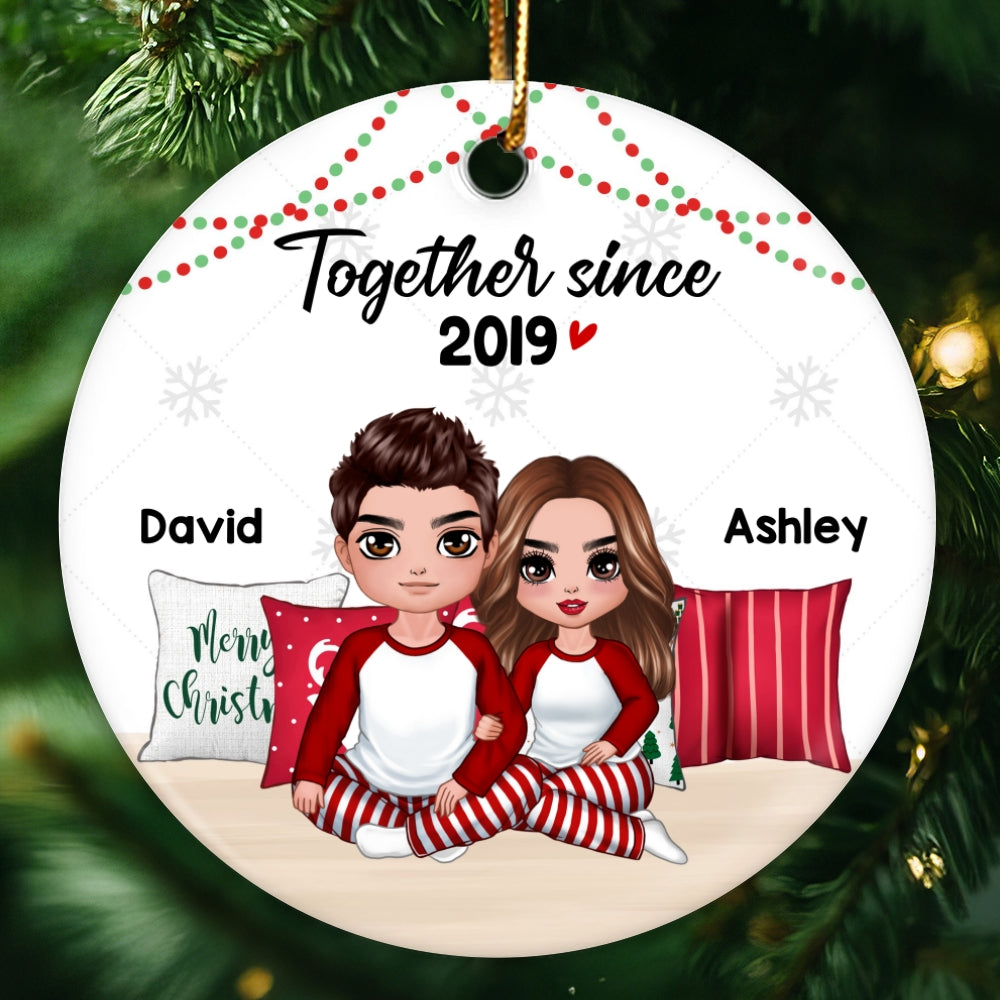 Pajamas Doll Couple Sitting Embracing Personalized Circle Ornament