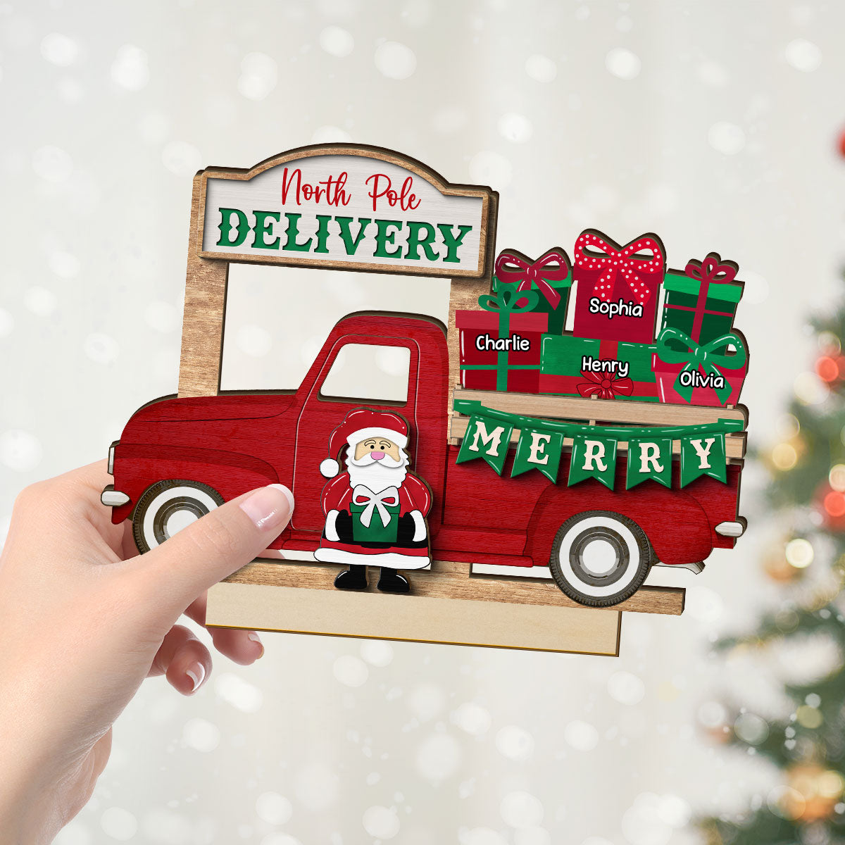 Santa Gifts Christmas Truck Personalized 2-Layer Standing Wooden Plaque, Christmas Decoration, Tiered Tray Decor
