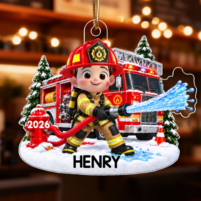 Trending Kid Firefighter - Personalized Acrylic Ornament - Gift For Boys, Girls, Grandkids