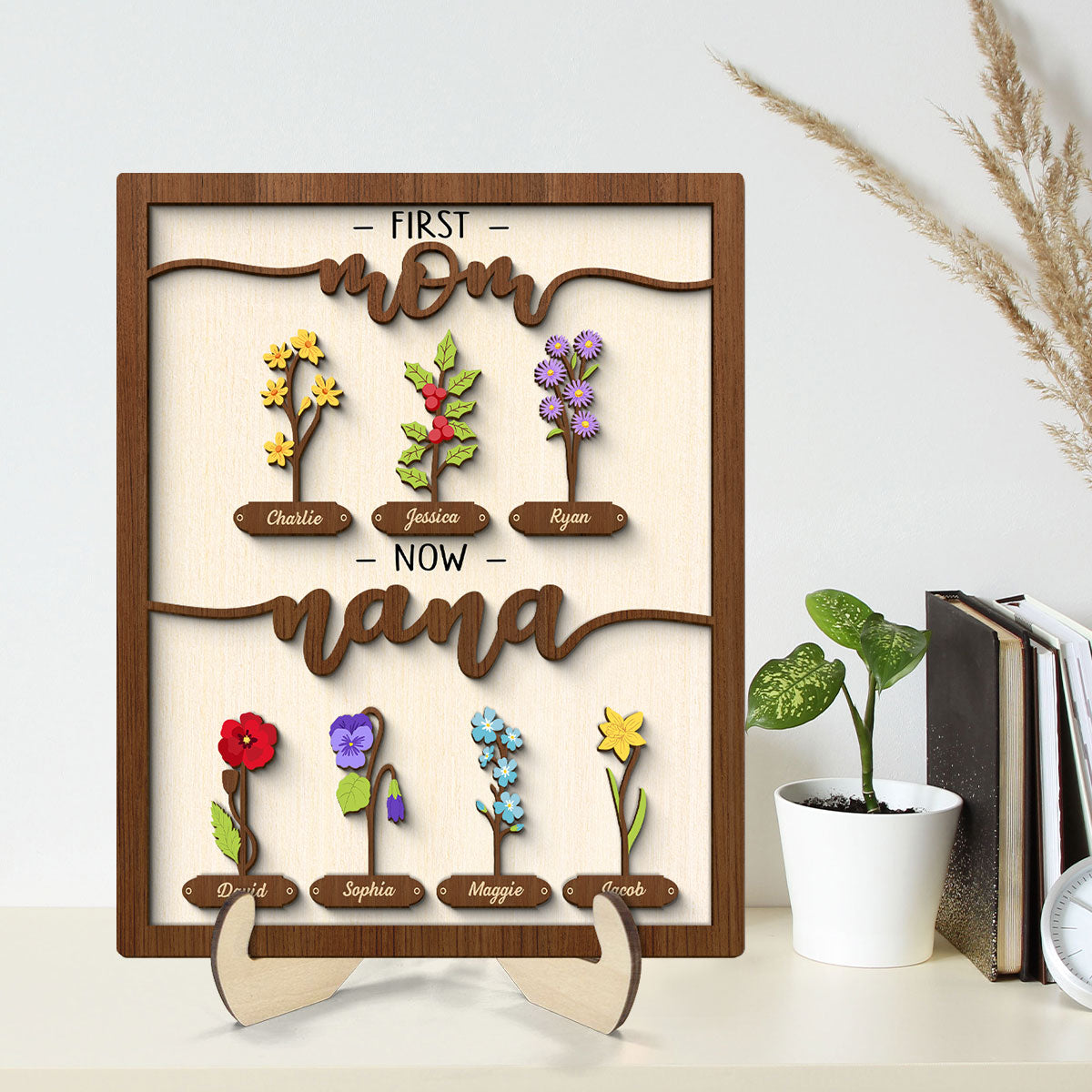 First Mom Now Grandma Simple Birth Month Flowers Personalized 2-layer Wooden Plaque