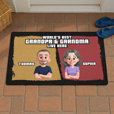 Cute Cartoon World Best Grandpa Grandma Grandparents Live Here Personalized Doormat
