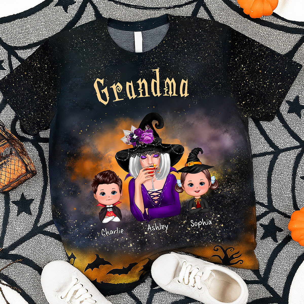 Grandma & Kids Witchy Ombre Tie-Dye Pattern Personalized Shirt Perfect Halloween Costume For Grandma