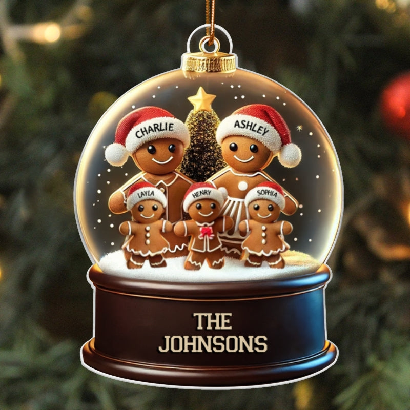 Gingerbread Family In Snow Globe 3D Effect Personalized Acrylic Ornament