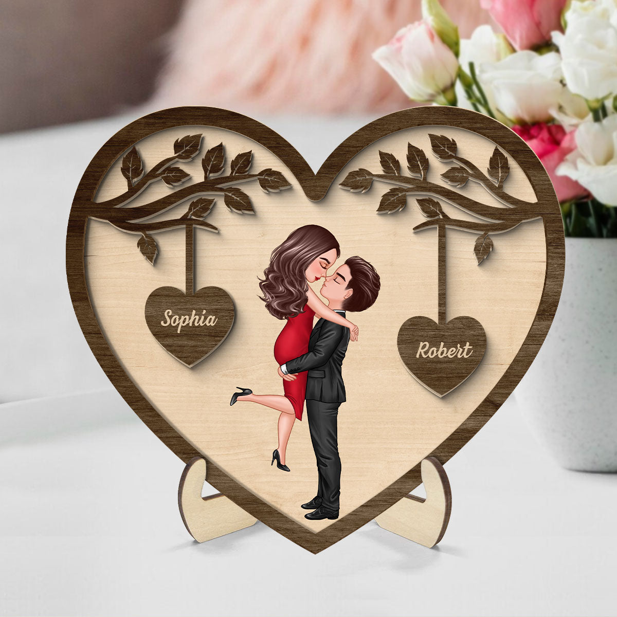 Couple Kissing Under Tree Valentine‘s Day Gift For Him Gift For Her Heart Shaped Personalized 2-Layer Wooden Plaque