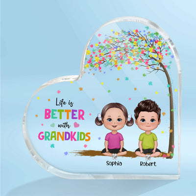 Life Is Better With Grandkids Doll Kids Sitting Under Colorful Tree Personalized Heart Acrylic Plaque