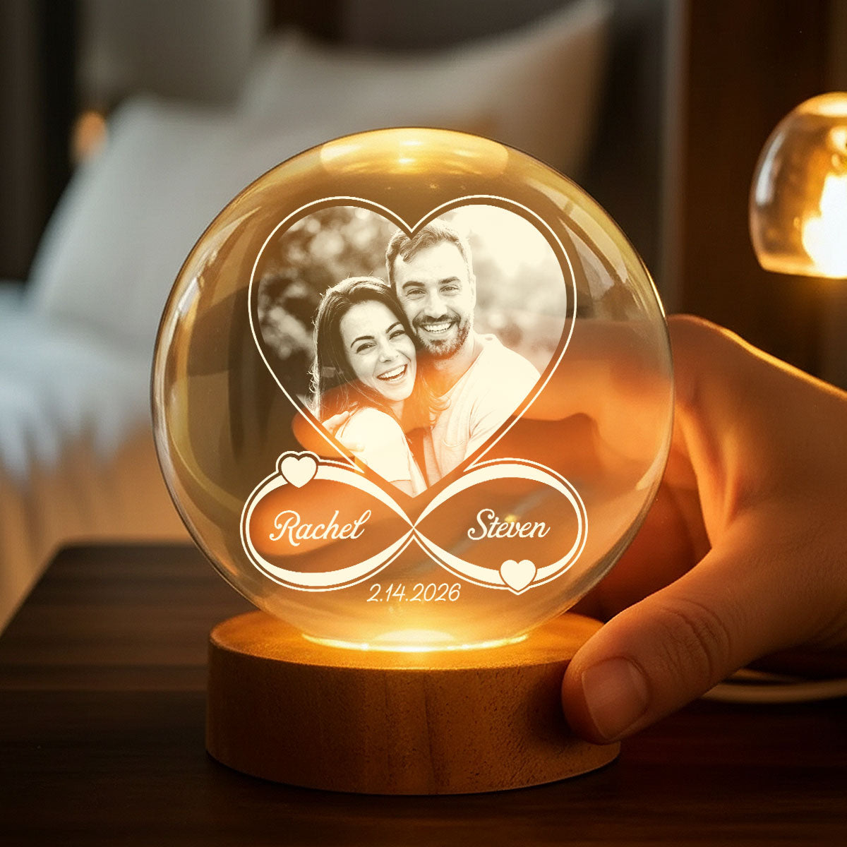Eternal Love Custom Couple Photo Inside Infinity Heart - Personalized Crystal Ball LED Night Light - Valentine's Day Gift For Couple, For Her, For Him