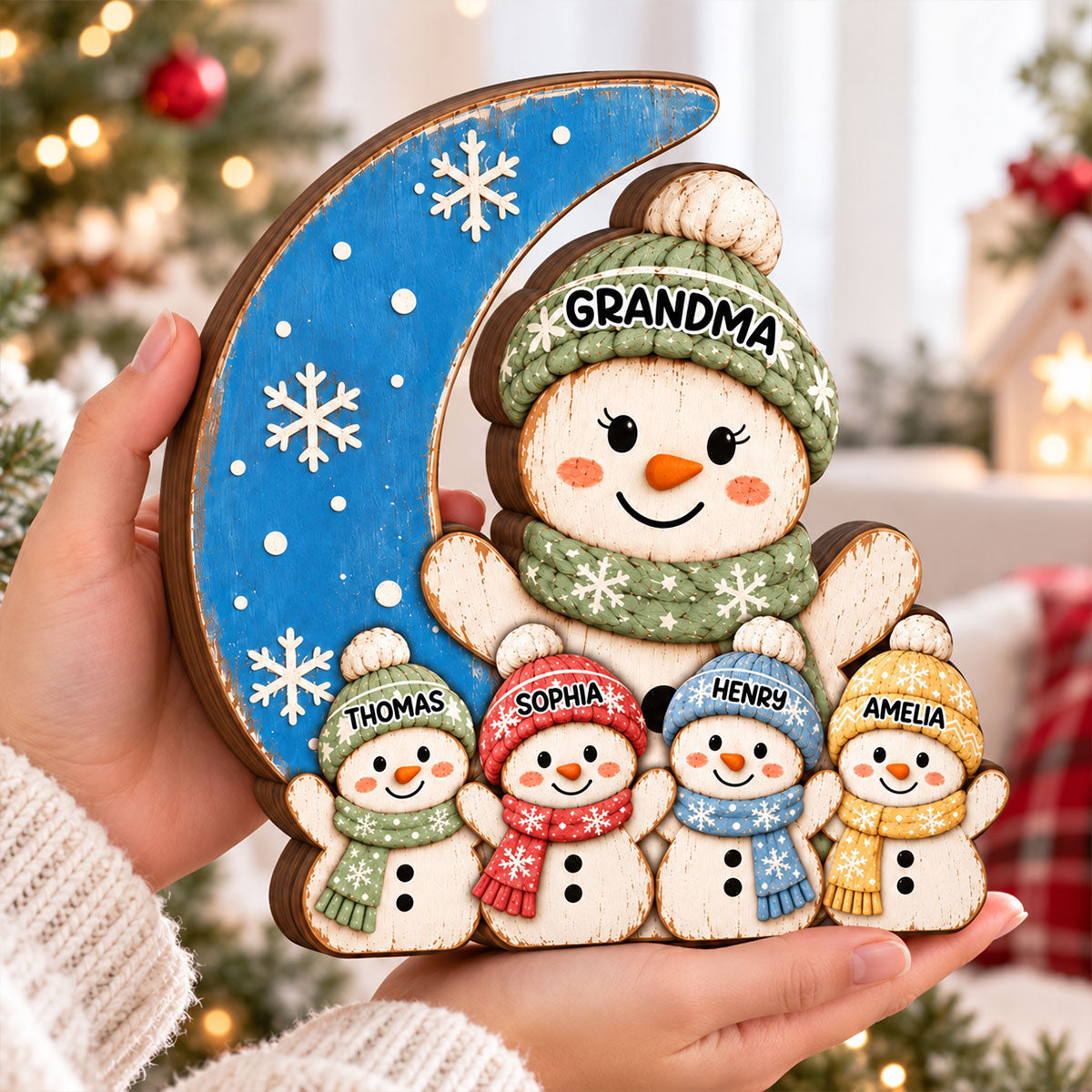 Cozy Rustic Christmas Vibe Grandma Grandkids On Moon - Personalized Wooden Block Plaque - Christmas Decor For Grandparents